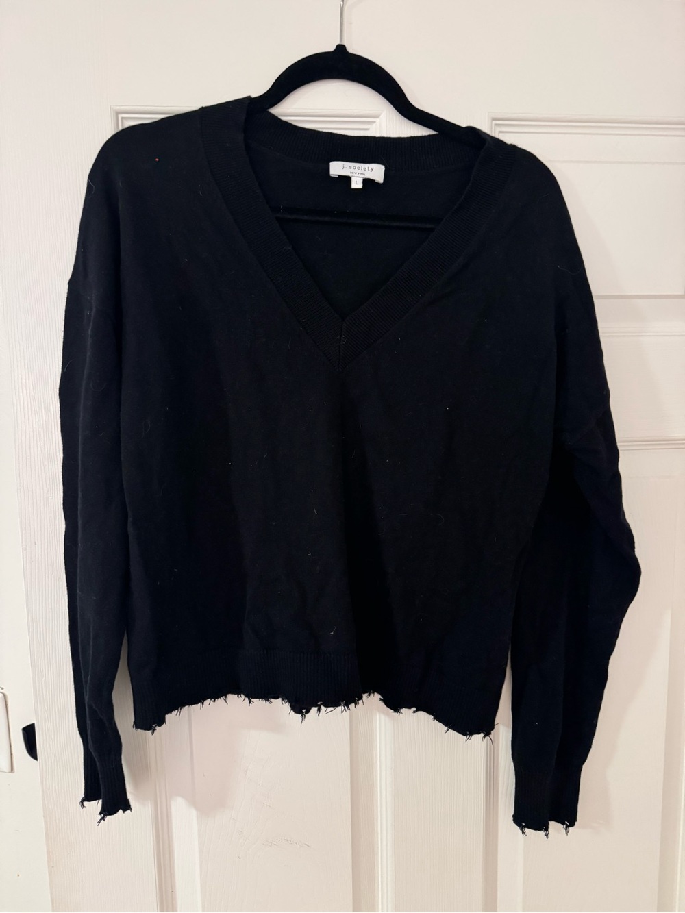 Society Black V-Neck Distressed Hem Sweater - Women's